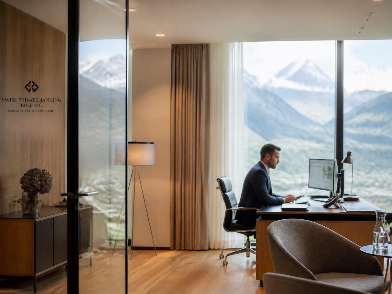 Modernes Schweizer Beratungsbüro mit Blick auf die Alpen
